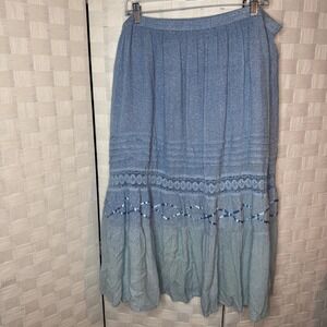 Eccotoo Blue Speckled Boho Maxi Skirt 2X Lace Ribbon Tiered Cotton VIntage Y2K